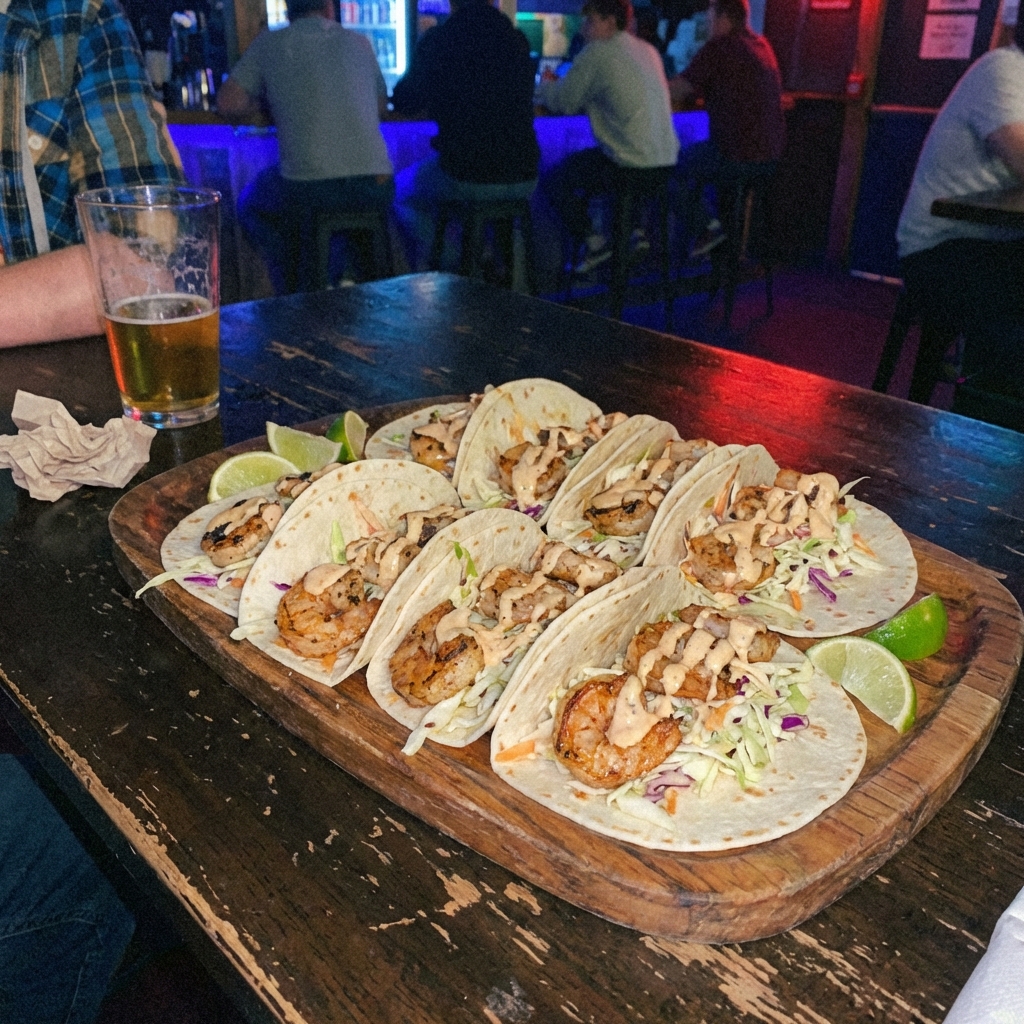 A platter of shrimp tacos with cabbage slaw and lime wedges