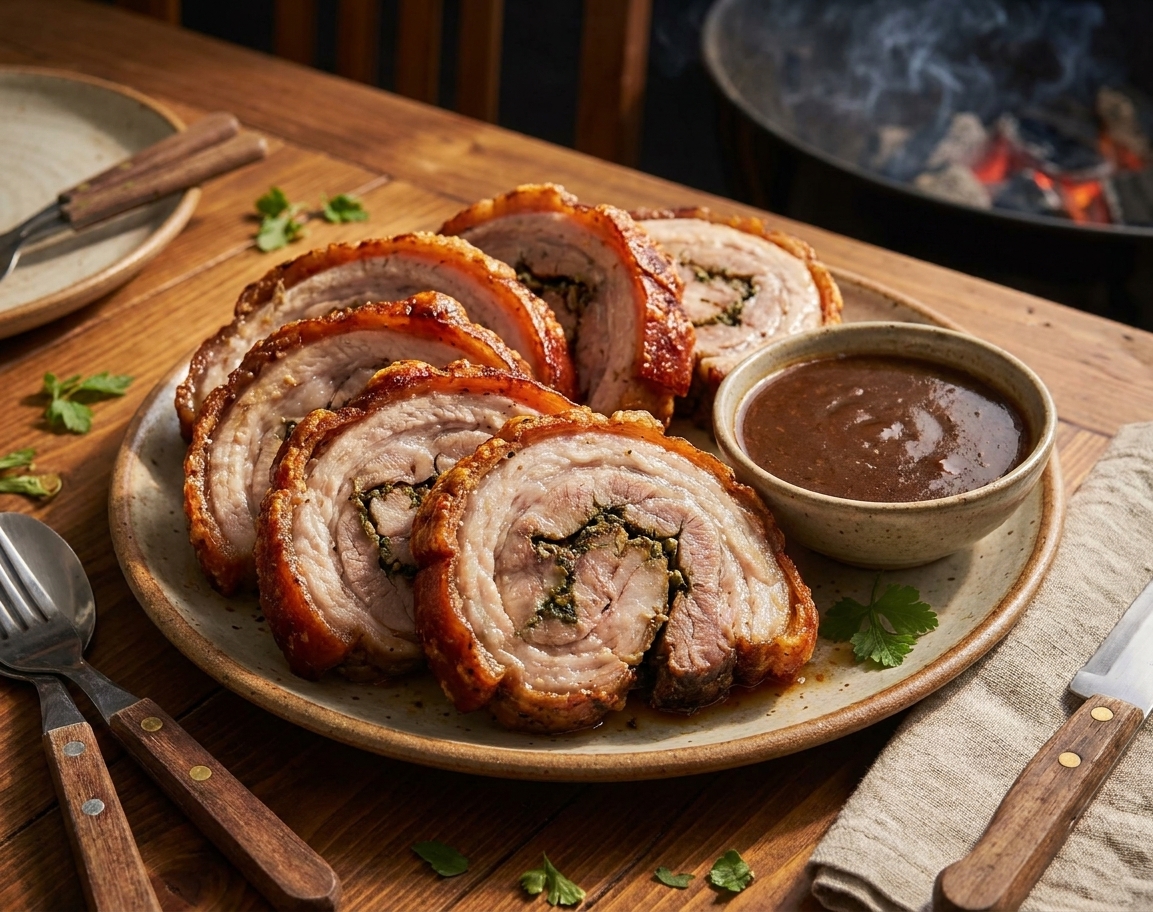 A platter of sliced Filipino lechon belly with deeply blistered crispy skin, juicy pork layers, and a small bowl of lechon sauce on a warmly lit dining table