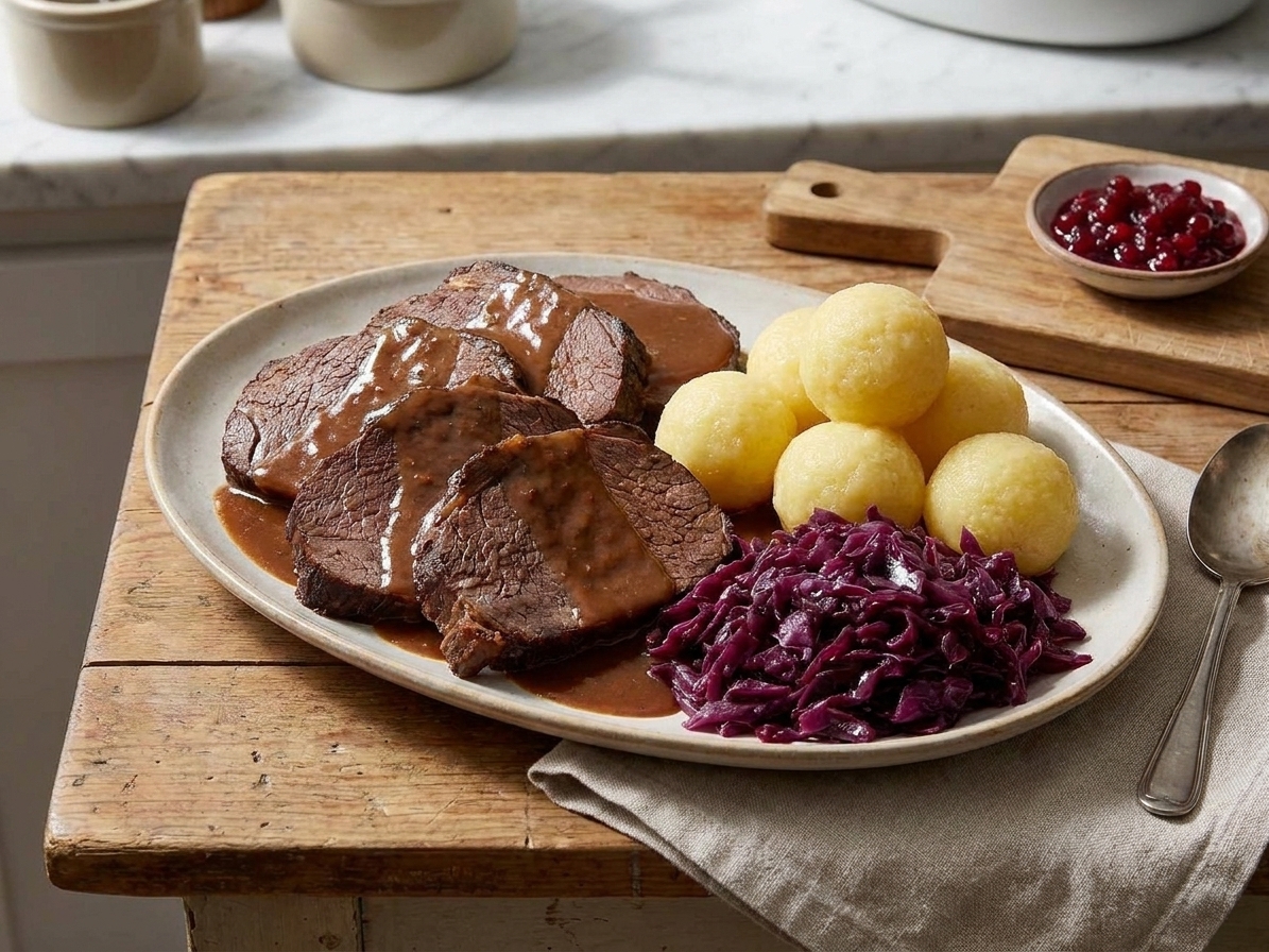 A platter of sliced German sauerbraten with glossy brown gravy, served with red cabbage and potato dumplings on a rustic wooden table under warm kitchen lighting