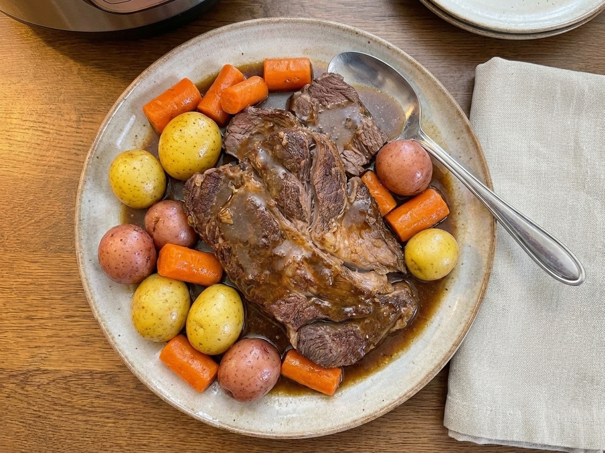 A platter of sliced Instant Pot chuck roast with carrots and baby potatoes, spooned with glossy brown gravy on a wooden table with warm kitchen lighting