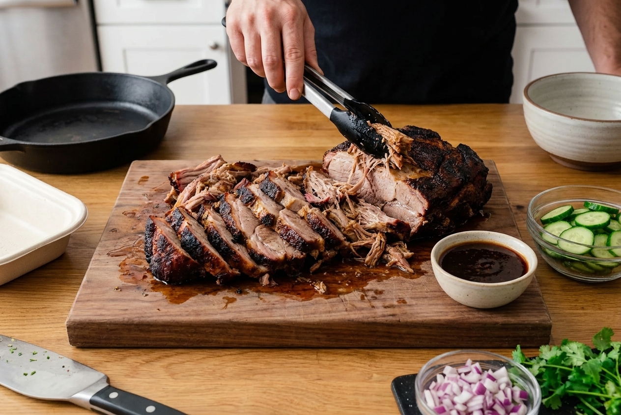 A platter of sliced and pulled smoked pork shoulder with dark bark and juices on a wooden cutting board on a warm kitchen table