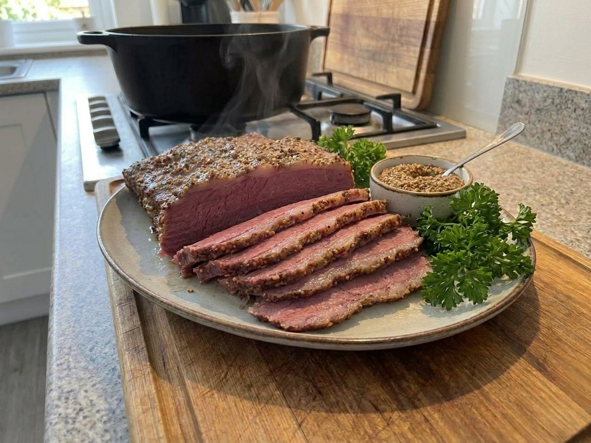 A platter of sliced corned beef brisket with glossy grain, served with mustard and parsley on a wooden table in warm kitchen light