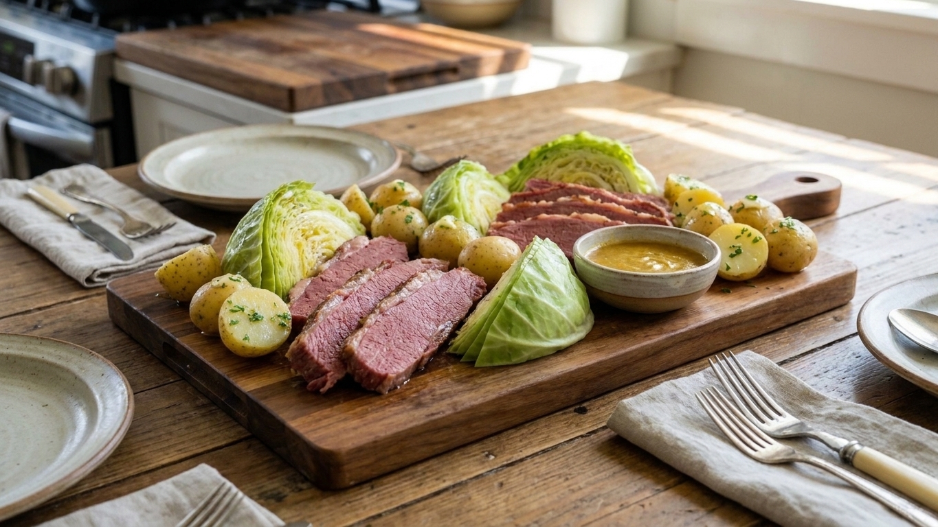 A platter of sliced corned beef with steamed cabbage wedges and boiled baby potatoes, served family-style on a wooden table with warm natural kitchen lighting