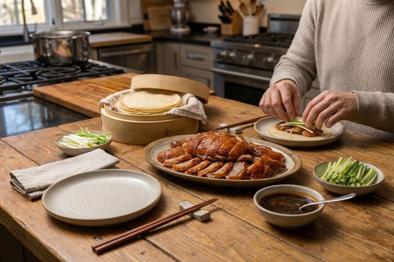 A platter of sliced duck with glossy, crisp skin, arranged with cucumber sticks, scallions, and warm pancakes on a wooden table in soft natural light