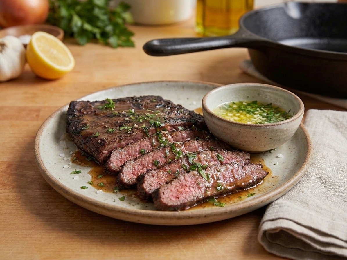 A platter of sliced flat iron steak with a small bowl of sauce alongside