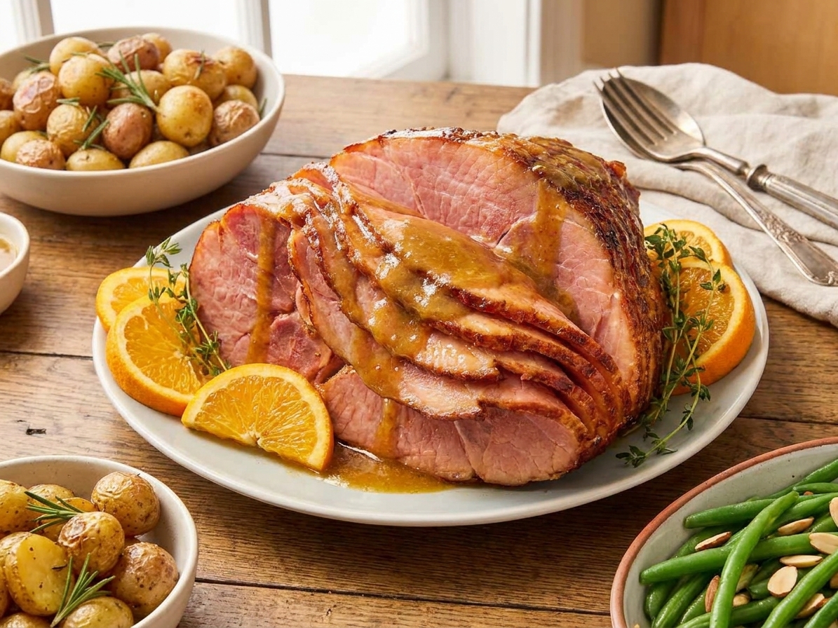 A platter of sliced ham glazed and shiny with honey mustard sauce on a dining table with simple side dishes