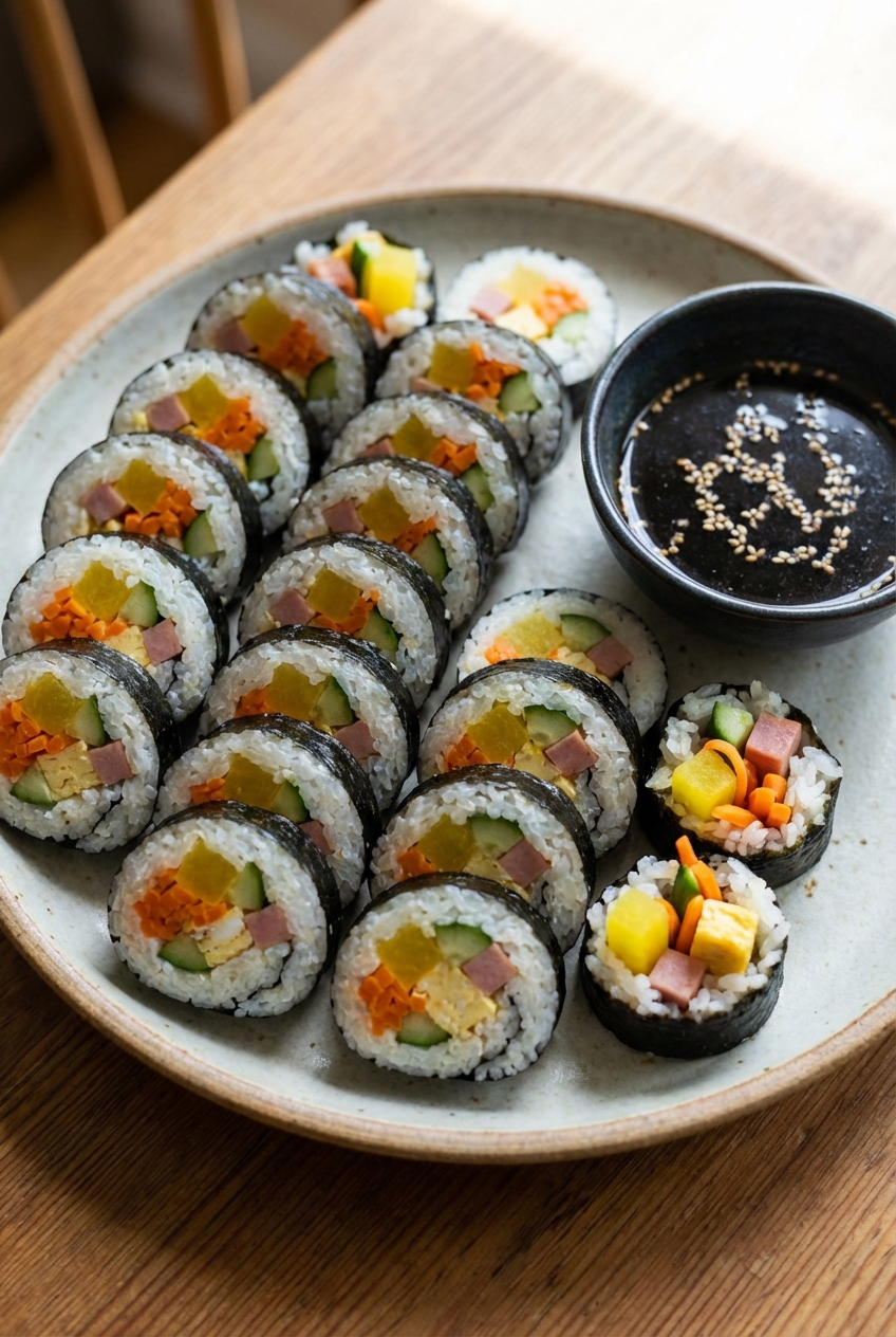 A platter of sliced kimbap arranged in neat rows with a small bowl of dipping sauce