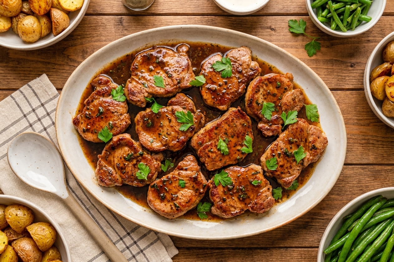 A platter of sliced pork medallions with a glossy garlic herb pan sauce, set on a simple family dinner table with warm, natural kitchen lighting