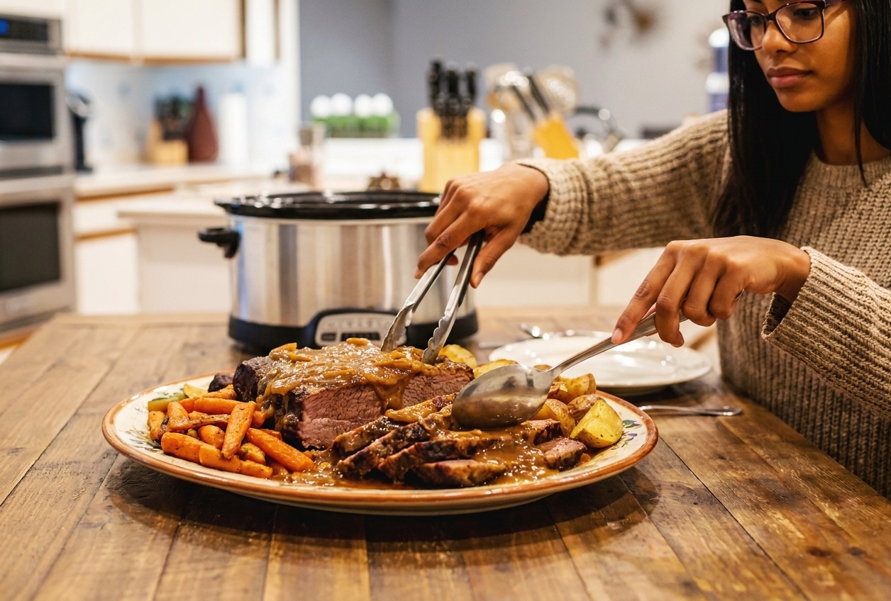 A platter of sliced slow cooker beef brisket with glossy onion gravy, surrounded by carrots and potatoes on a rustic wooden table