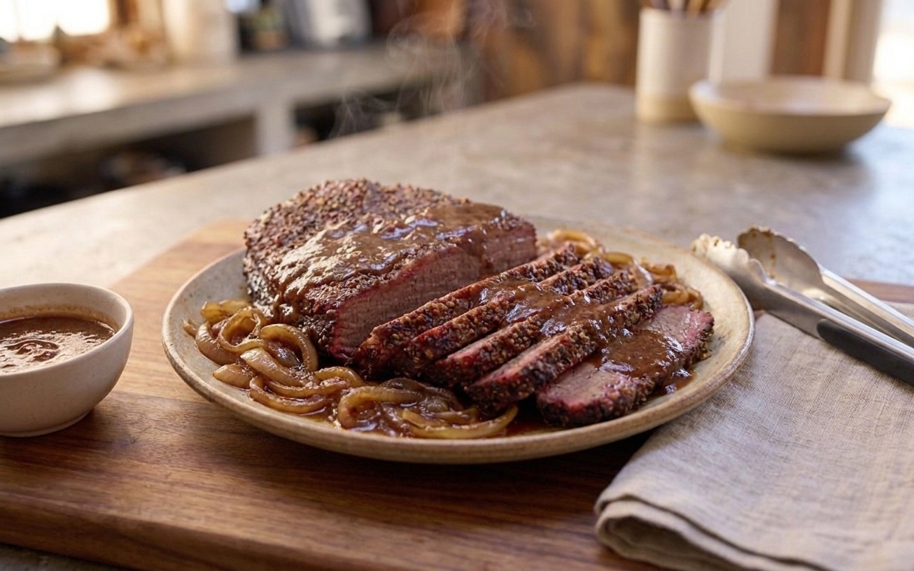 A platter of sliced slow cooker brisket with glossy sauce and tender onions, set on a wooden table with simple linens