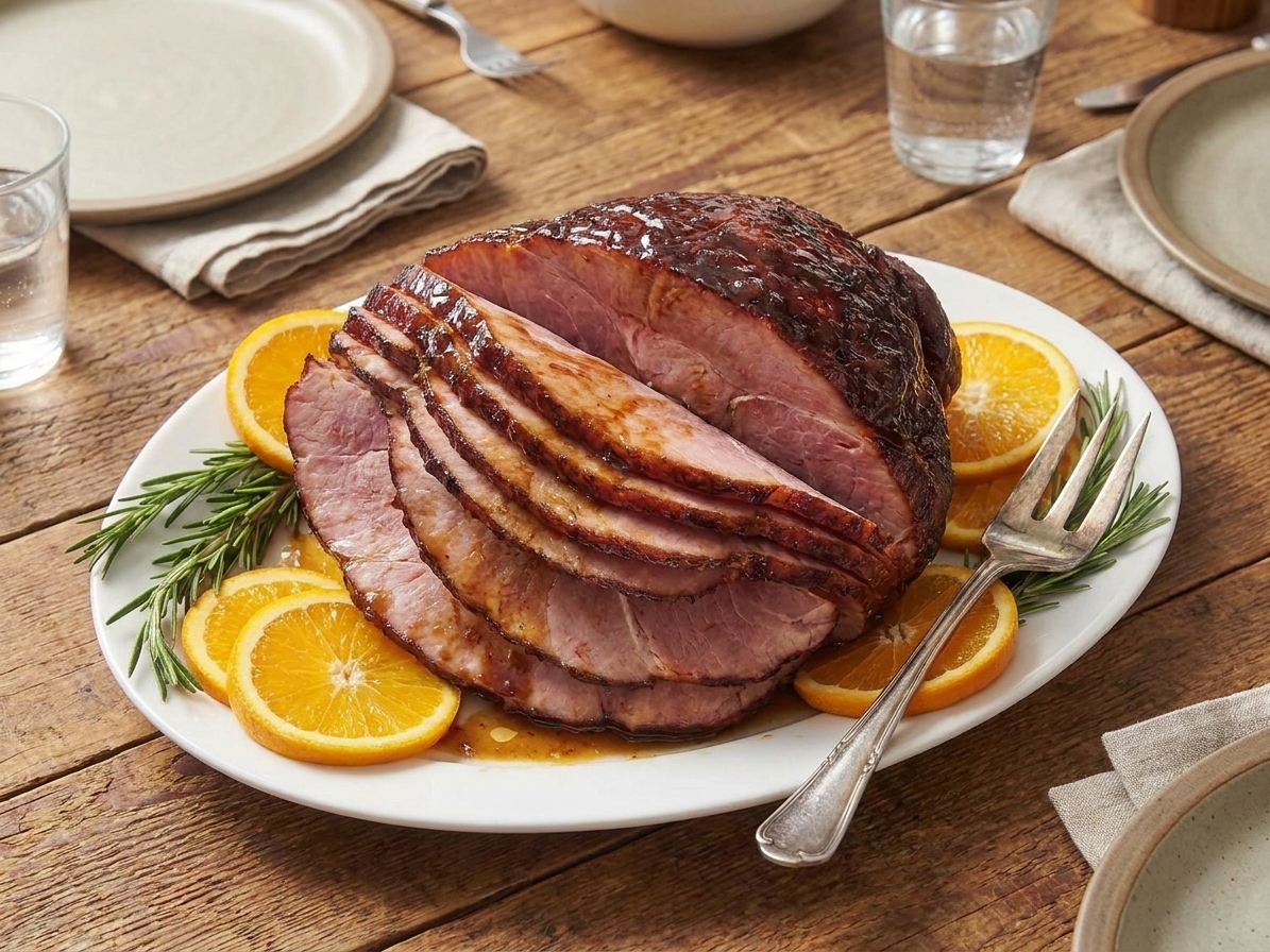 A platter of sliced smoked ham with a shiny glaze, juices pooled slightly, and a serving fork beside it on a dinner table