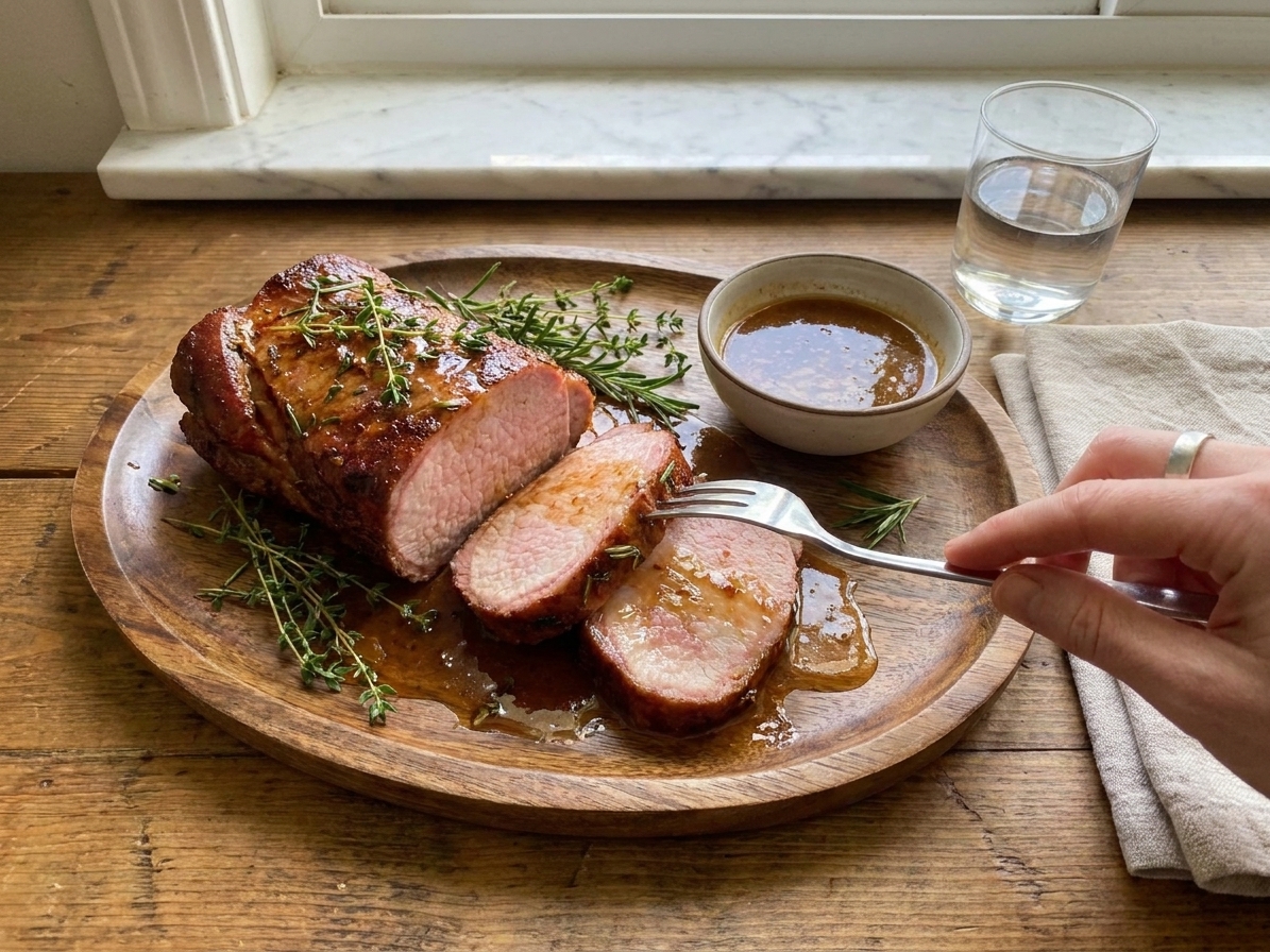 A platter of sliced smoked pork loin with glossy pan juices and fresh herbs on a wooden table with warm natural light