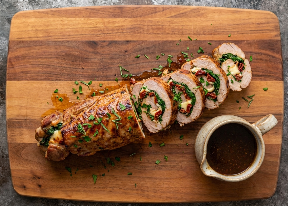 A platter of sliced stuffed pork tenderloin arranged in a fan shape with herbs scattered on top and a small pitcher of pan sauce beside it