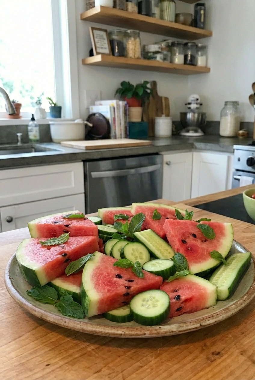 A platter of sliced watermelon and cucumber with mint leaves