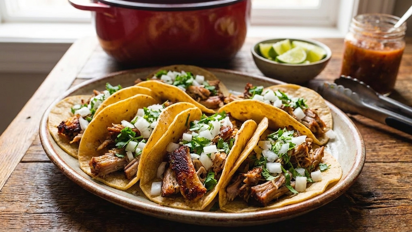 A platter of slow cooker carnitas with crispy edges piled into warm corn tortillas, topped with diced onion and cilantro on a wooden kitchen table in soft natural light