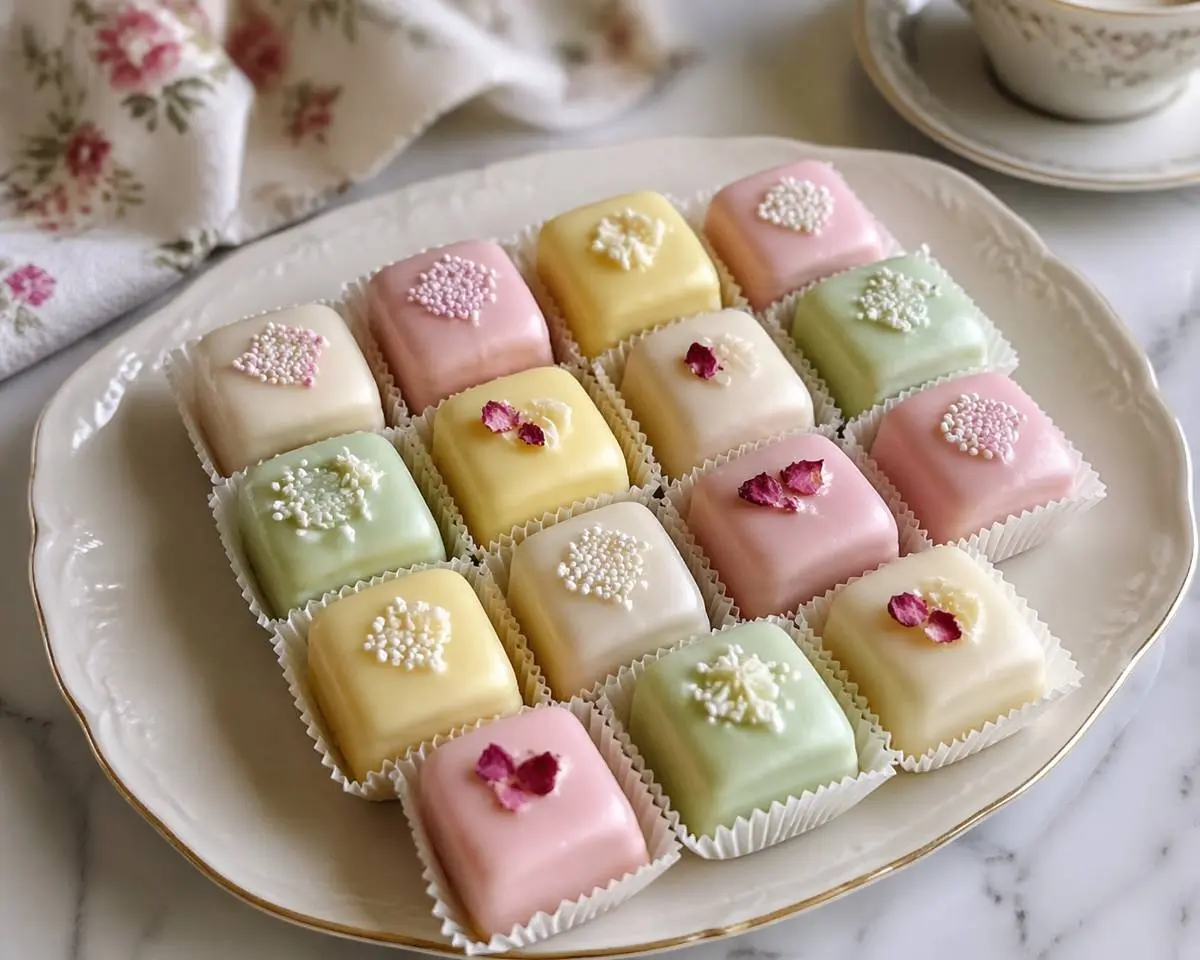 A platter of small glazed petit fours with smooth pastel icing and a few topped with berries on a neutral kitchen table in soft natural light