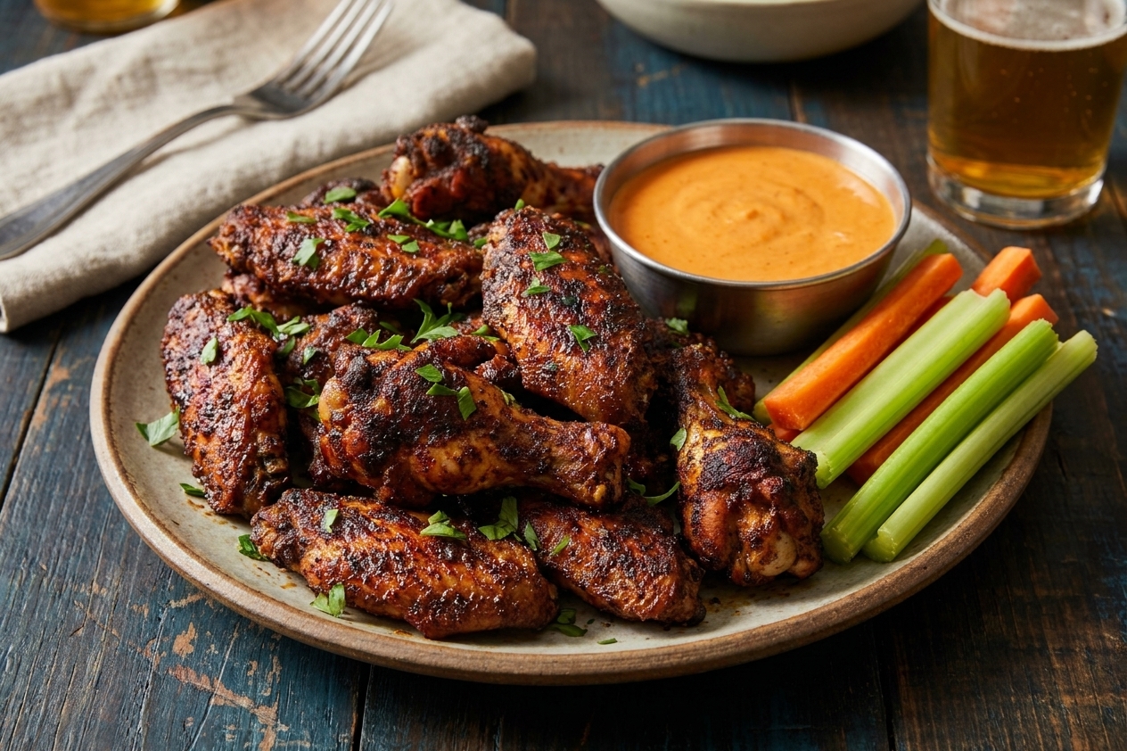 A platter of smoked chicken wings on a dinner table with a small bowl of buffalo sauce and celery sticks nearby under warm kitchen lighting