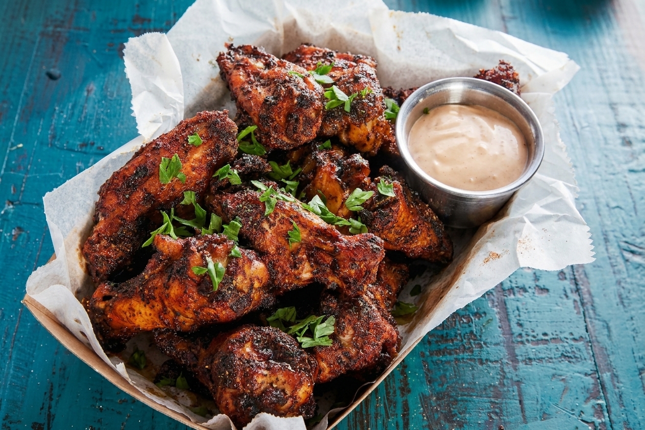 A platter of smoked chicken wings with crisp browned skin, a small bowl of sauce, and scattered chopped parsley on a wooden table under warm kitchen lighting