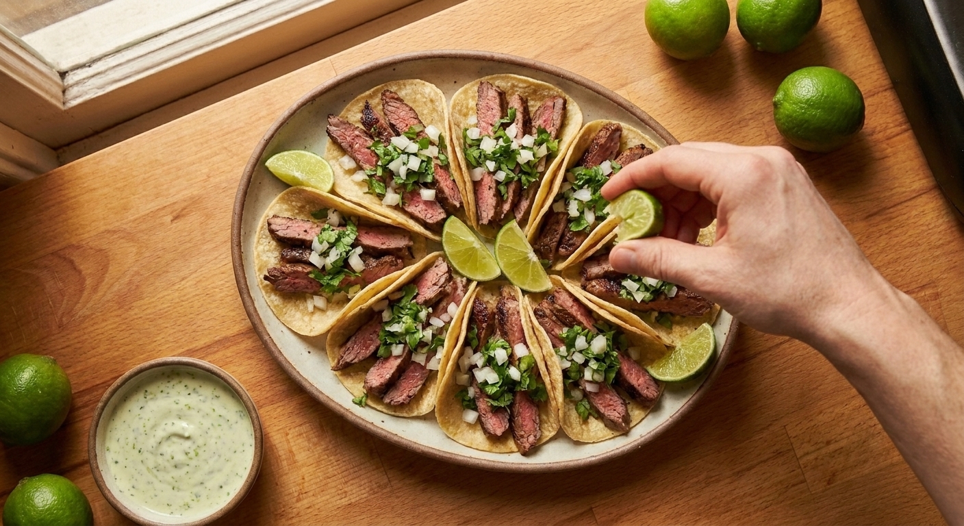 A platter of steak tacos with sliced seared steak, diced onion, cilantro, and lime wedges on a warm wooden table with soft kitchen lighting