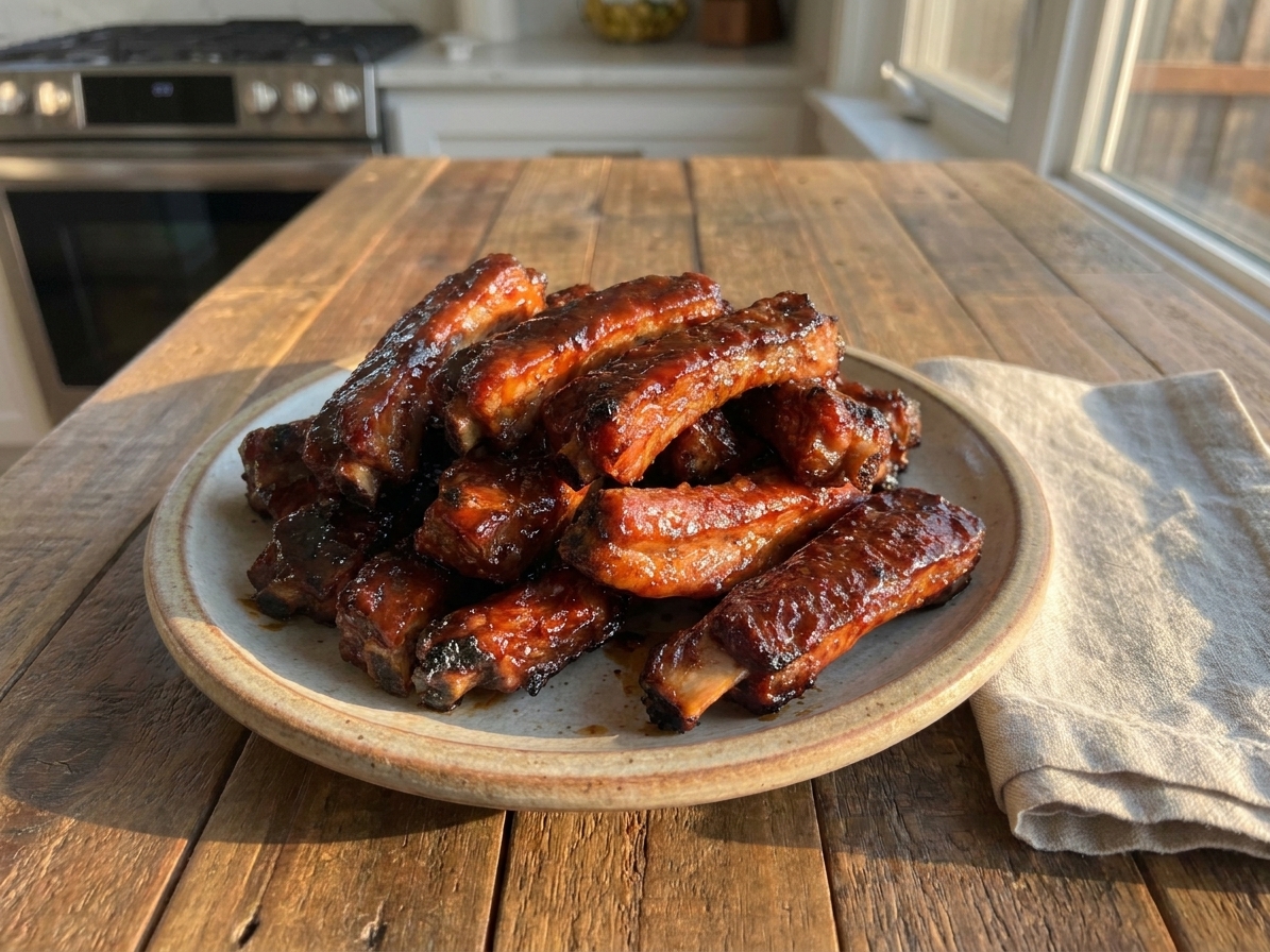 A platter of sticky BBQ-glazed pork riblets with caramelized edges, set on a warm-toned kitchen table with a simple linen napkin