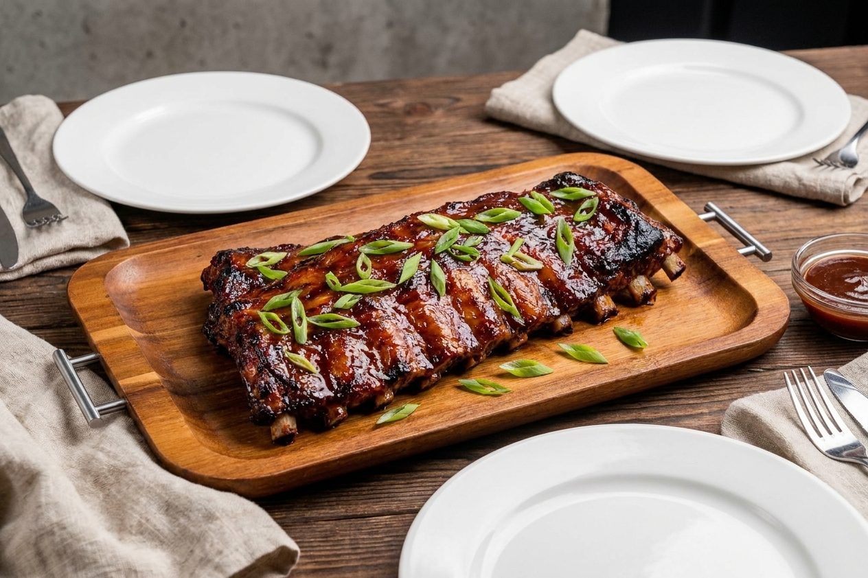 A platter of sticky barbecue pork ribs with caramelized edges, garnished with sliced green onions on a wooden table with a simple family-style setting