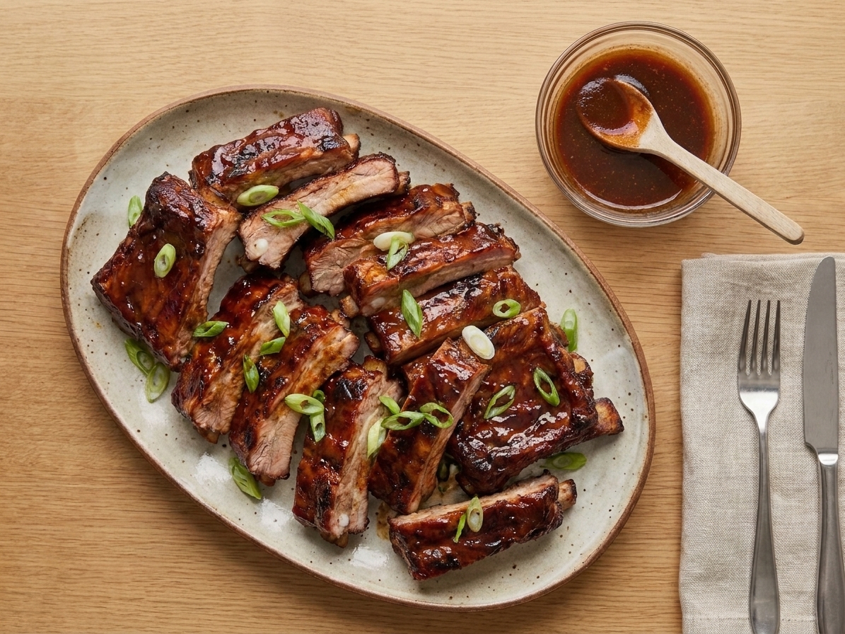 A platter of sticky oven-baked spare ribs brushed with glossy sauce, garnished with sliced green onions on a rustic wooden table setting