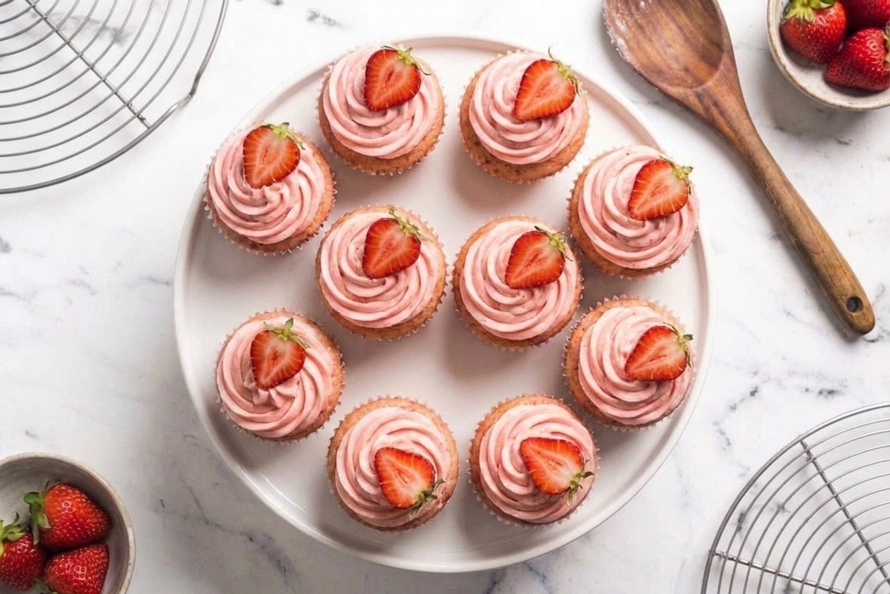 A platter of strawberry cupcakes topped with tall swirls of pink strawberry buttercream, garnished with halved fresh strawberries on a bright kitchen counter
