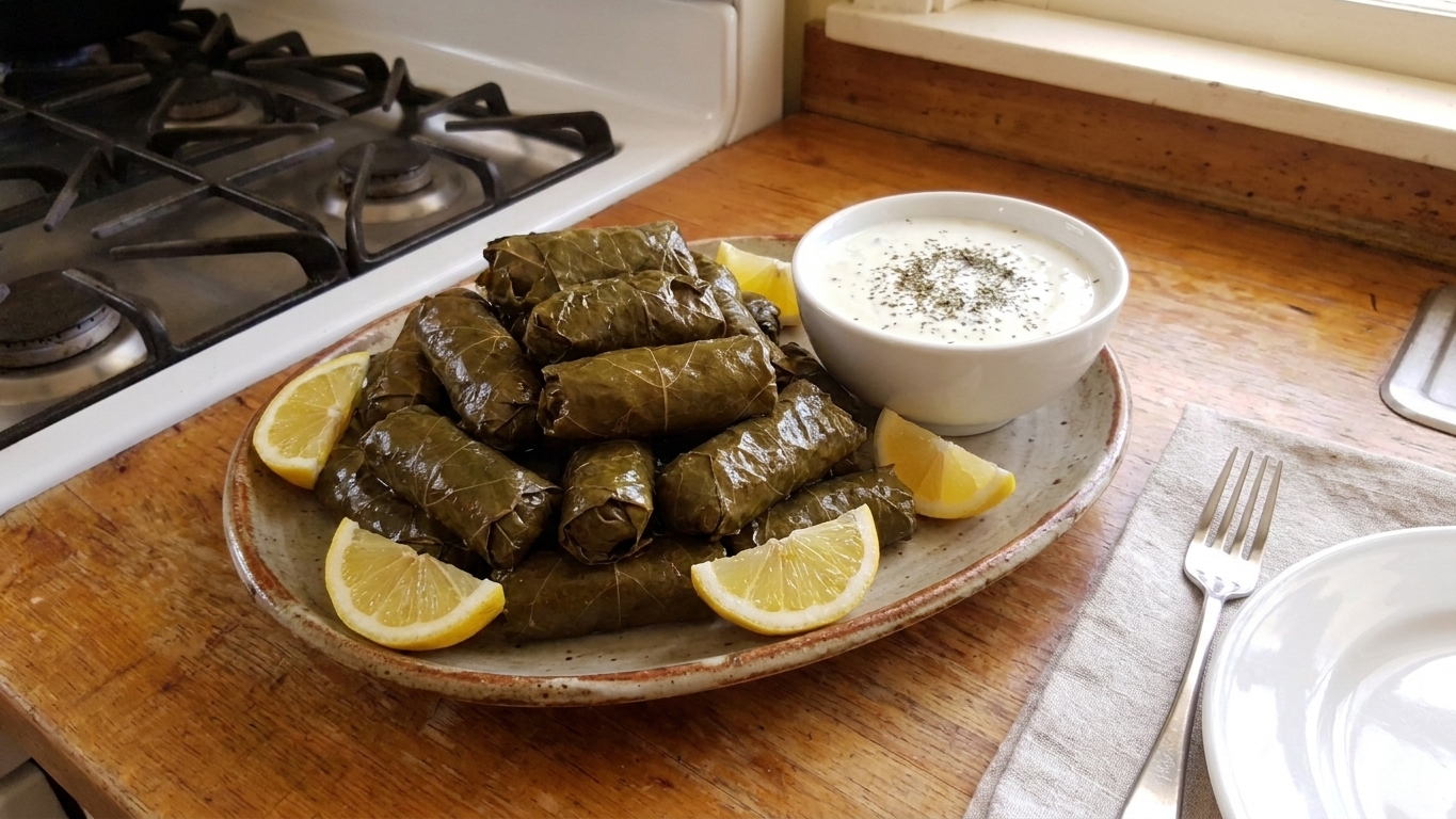 A platter of stuffed grape leaves with lemon wedges and a small bowl of yogurt sauce on a wooden table with a simple table setting