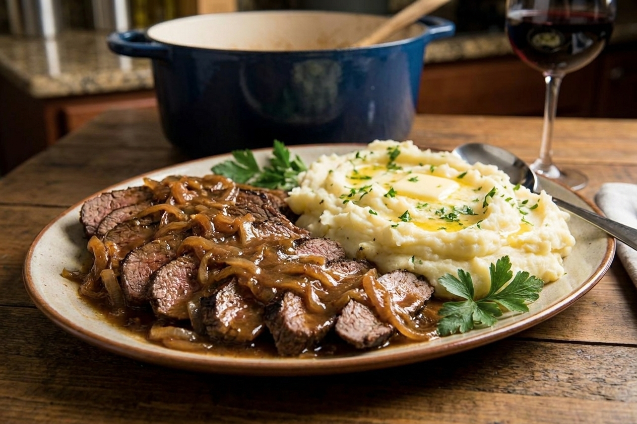 A platter of tender sliced eye of round steak covered in glossy onion gravy, with mashed potatoes and parsley on a warm dinner table