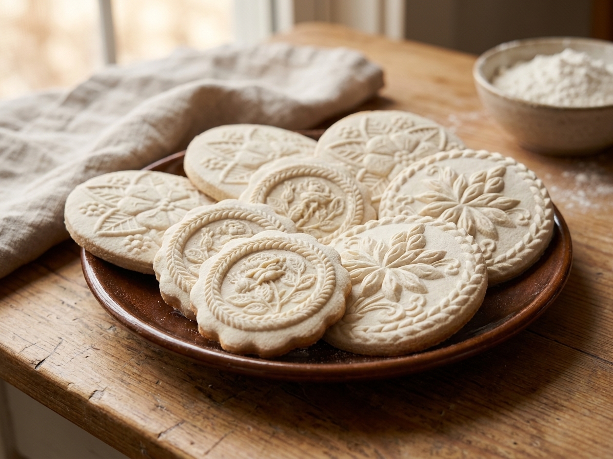 A platter of traditional springerle cookies with crisp, clearly embossed floral designs, lightly golden bottoms, and a cozy kitchen table setting in soft natural light