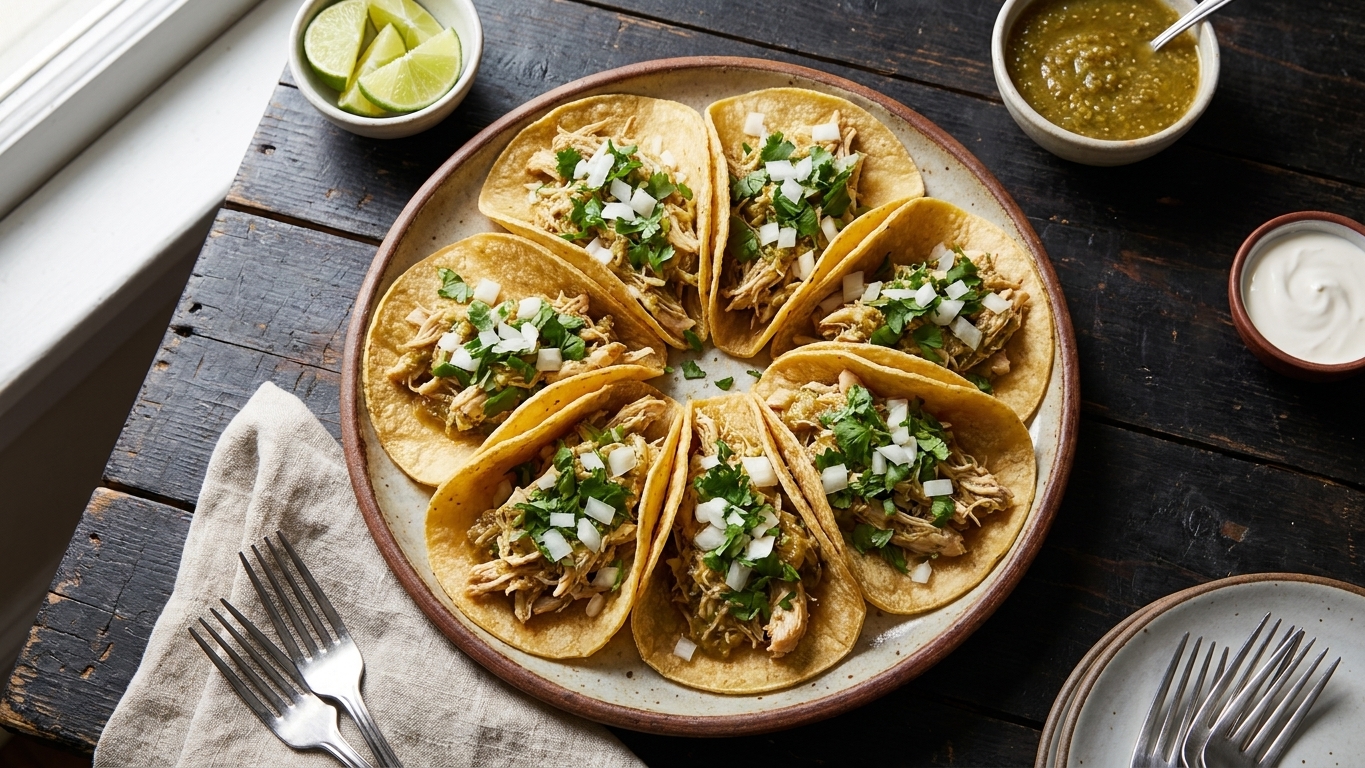 A platter of warm corn tortillas filled with shredded salsa verde chicken and topped with cilantro and diced onion on a wooden table setting
