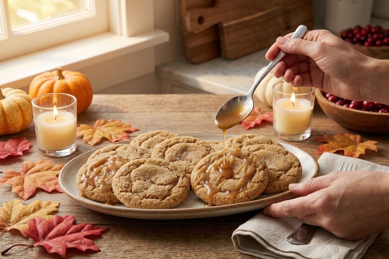 A platter of warmly spiced sugar cookies with lightly crackled tops and a few drizzled with maple glaze on a wooden table with soft autumn light