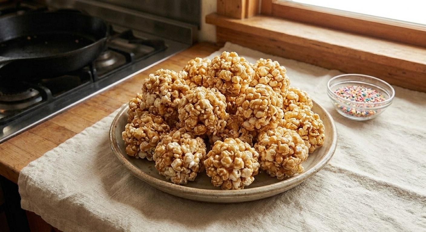 A platter piled with golden, glossy popcorn balls on a linen-covered table with a small bowl of sprinkles nearby, warm kitchen lighting