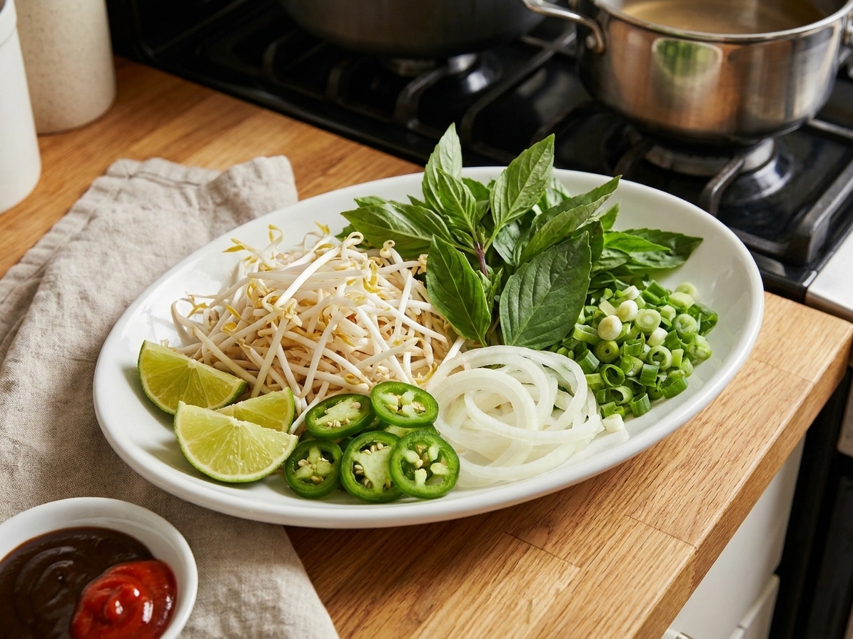 A platter with pho toppings including bean sprouts, Thai basil, lime wedges, sliced jalapeno, sliced onion, and scallions on a kitchen counter