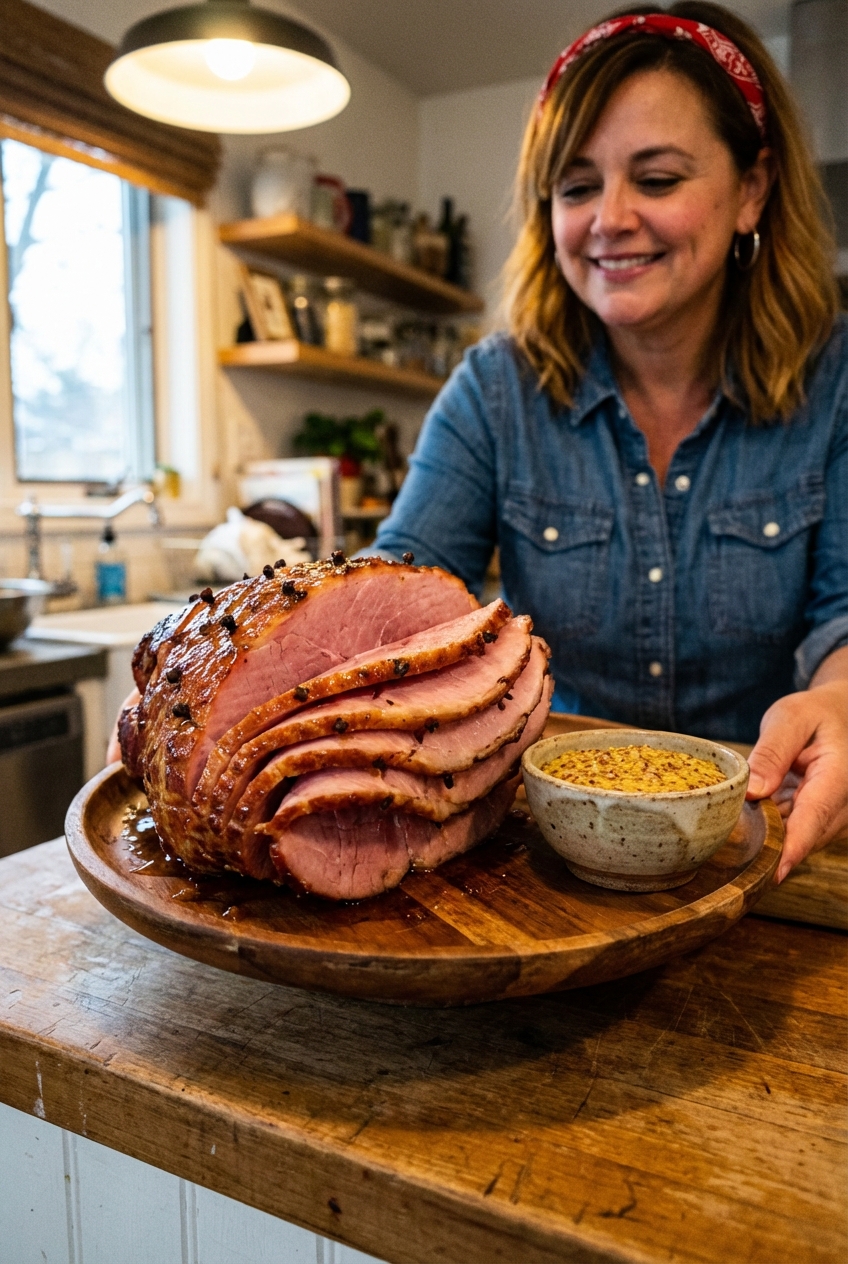 A platter with roasted ham slices and a small bowl of mustard