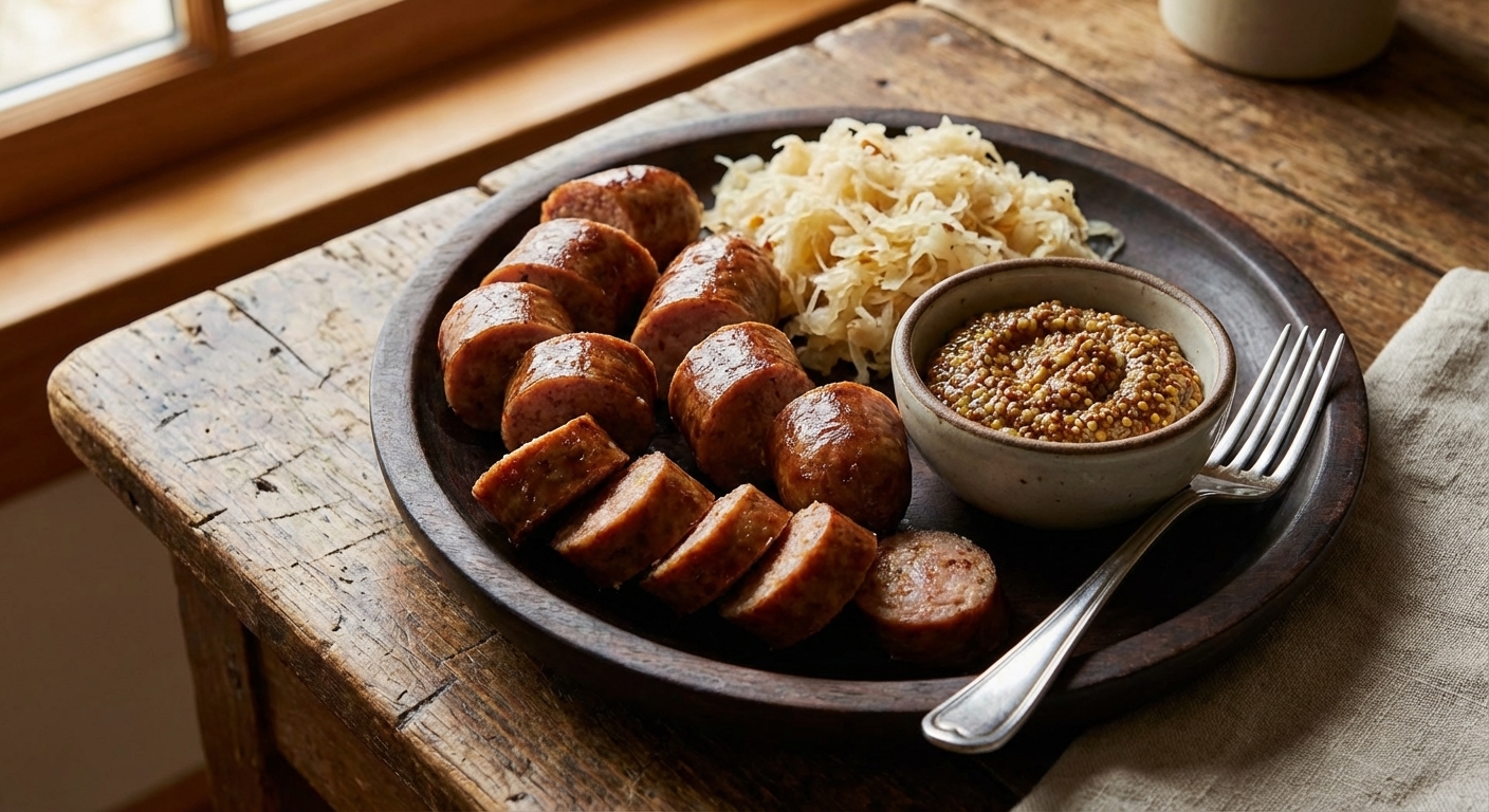 A platter with sliced bratwurst, sauerkraut, and whole grain mustard on a rustic table