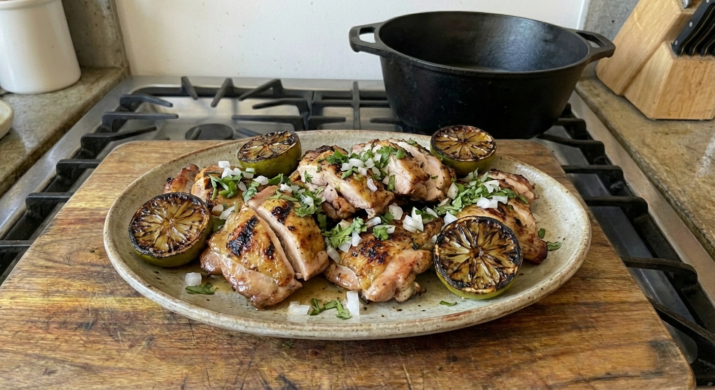 A platter with sliced grilled chicken thighs and charred lime halves