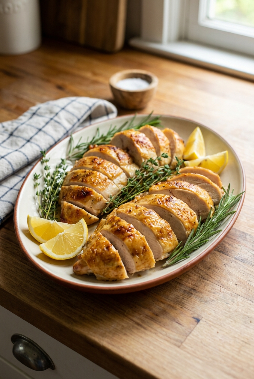 A platter with sliced roast chicken, herbs, and lemon wedges