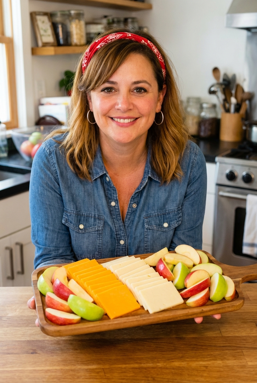 A platter with sliced sharp cheddar and apples