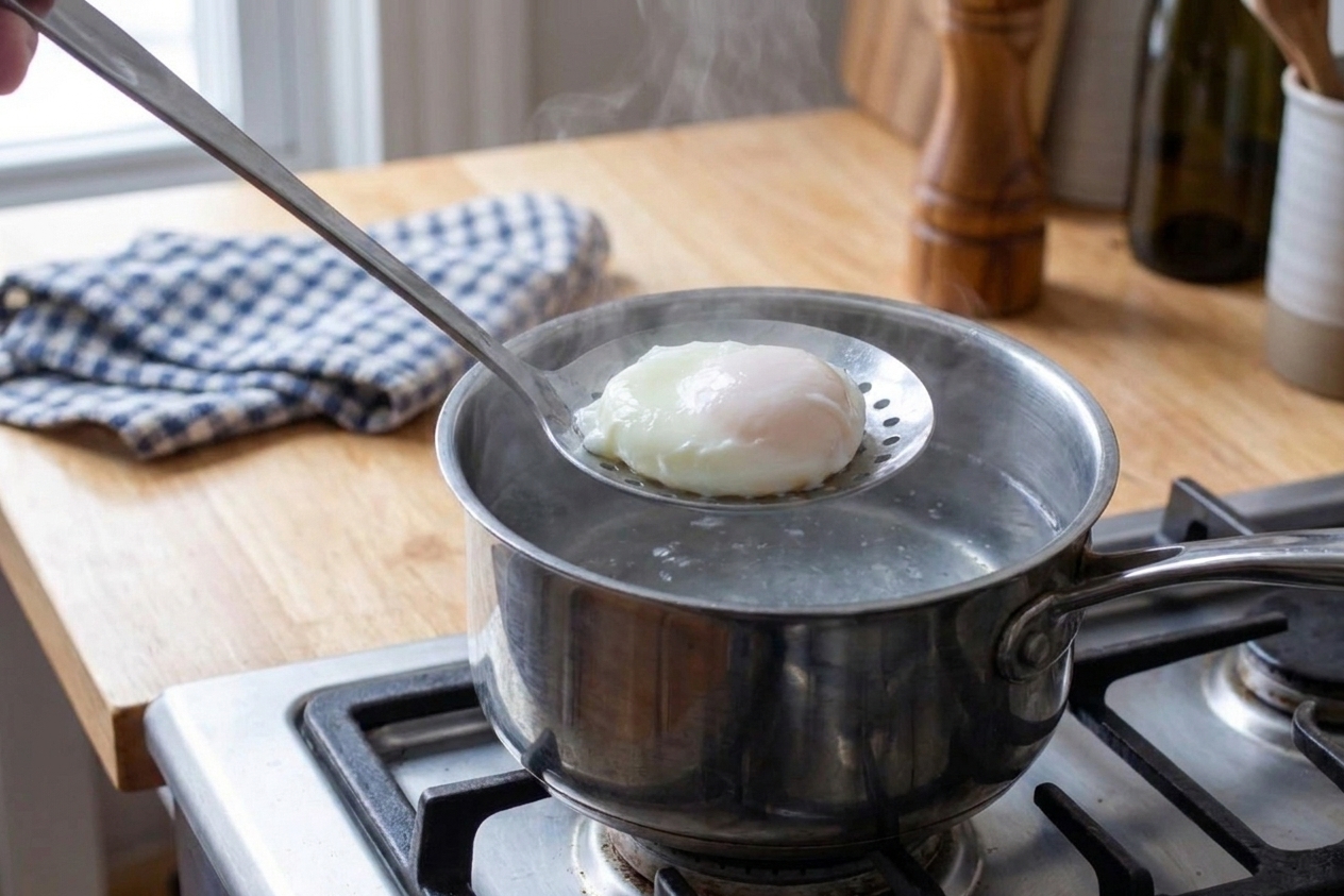 A poached egg being lifted from hot water with a slotted spoon over a saucepan