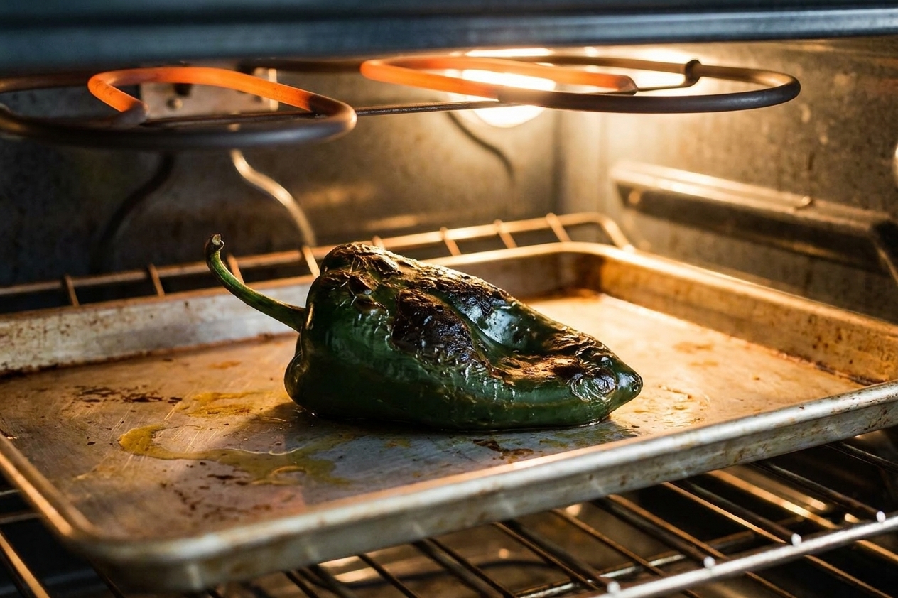 A poblano pepper blistering on a sheet pan under an oven broiler