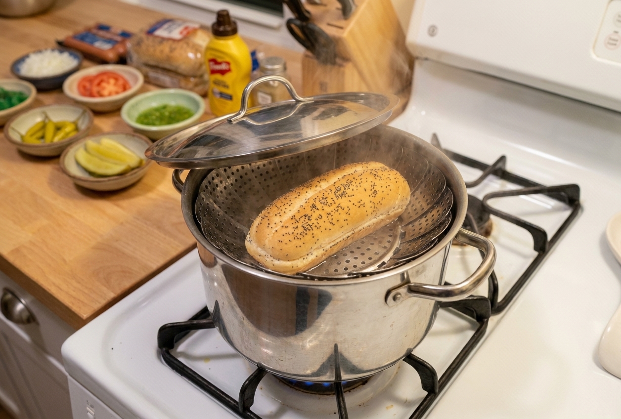 A poppy seed bun steaming over a pot on the stovetop, with a lid slightly ajar and gentle steam rising