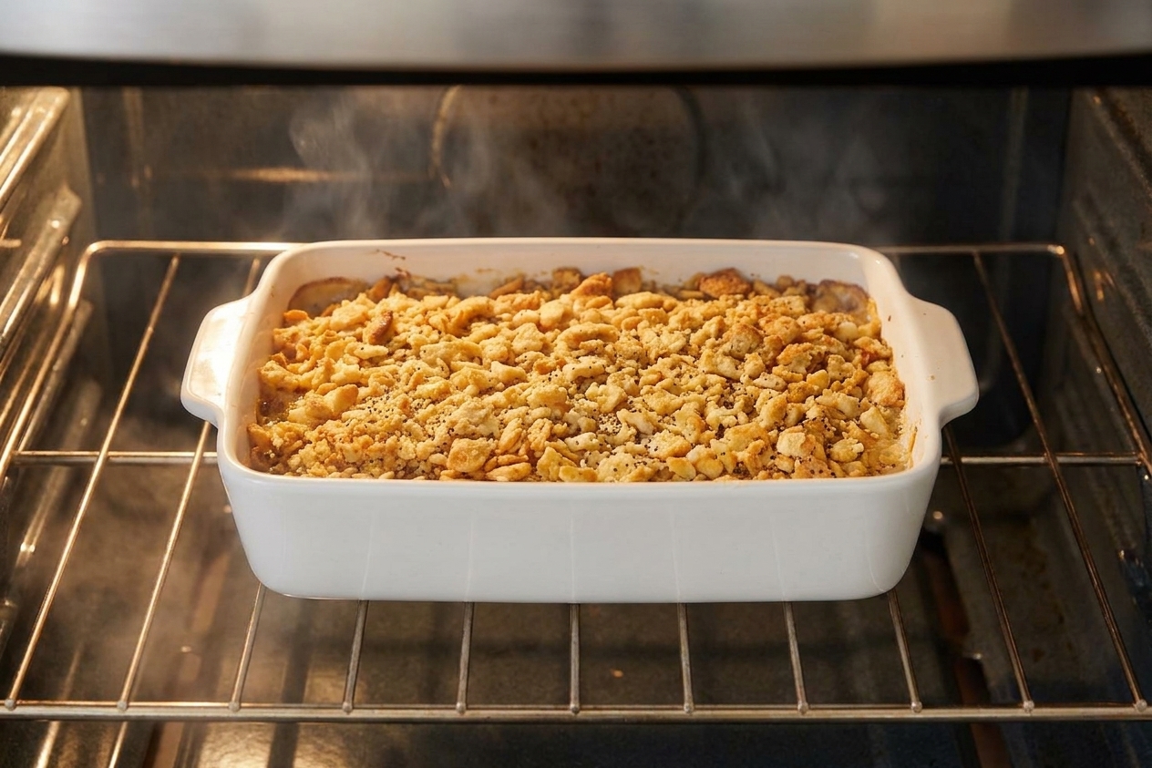 A poppy seed chicken casserole baking in the oven with the cracker topping turning golden