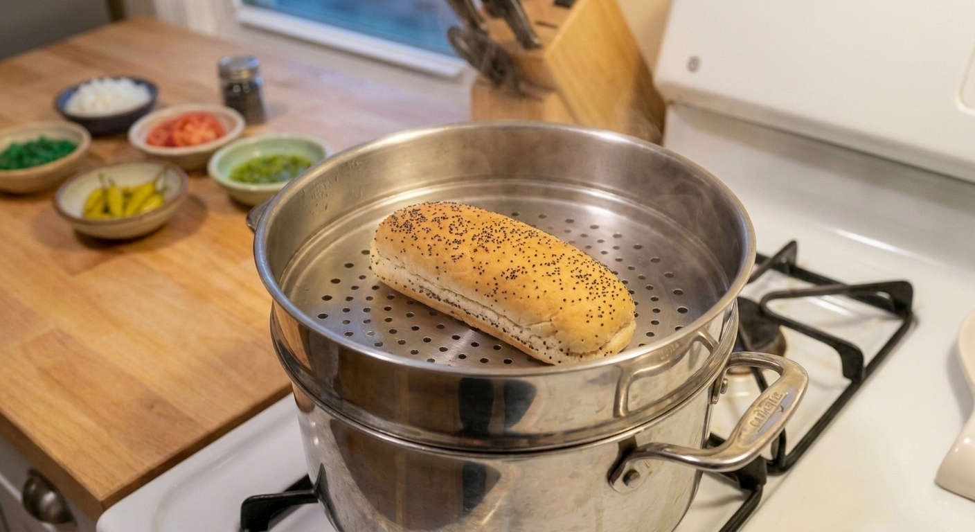 A poppy seed hot dog bun sitting in a steamer basket over a pot of hot water on a stovetop