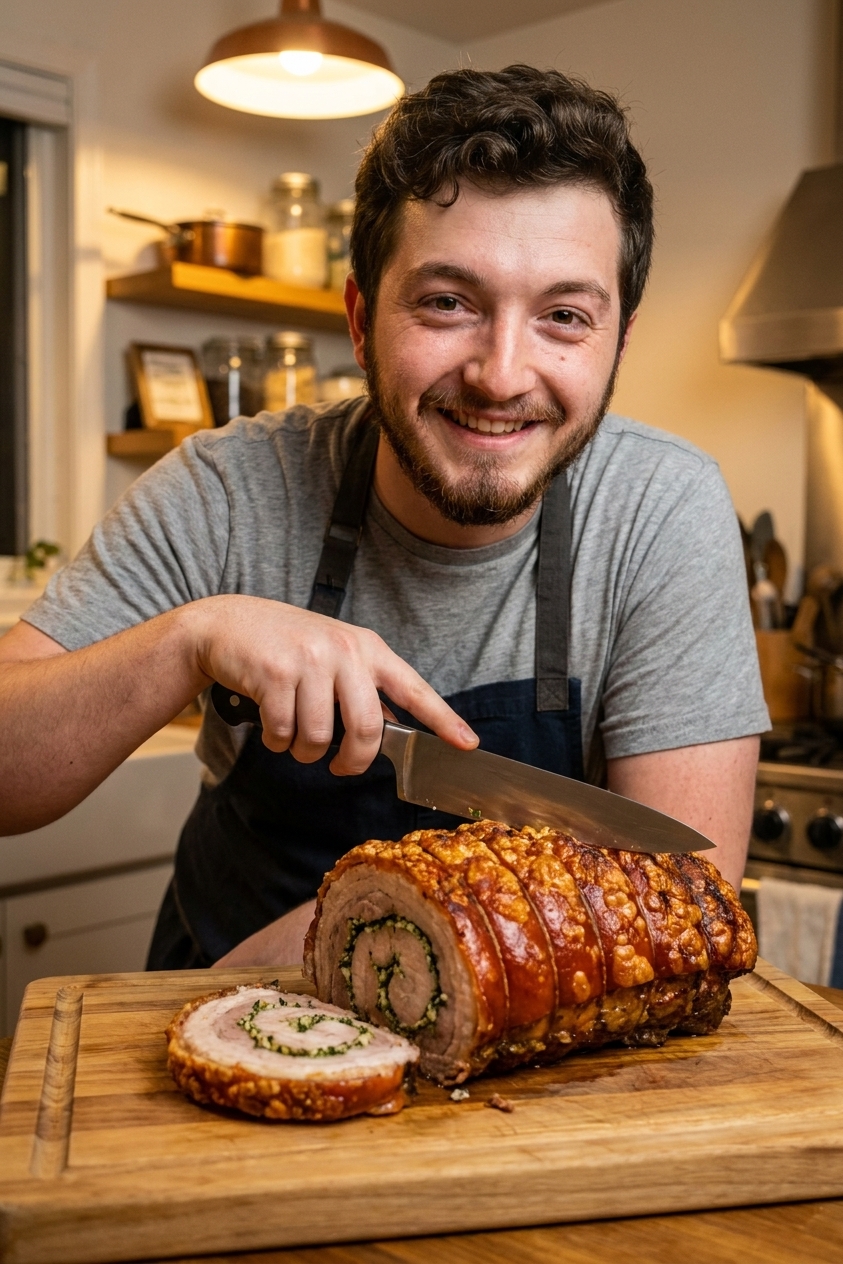 A porchetta-style pork roast with blistered crispy skin and a spiral of herb-garlic filling, resting on a cutting board with a chef's knife nearby, warm kitchen lighting