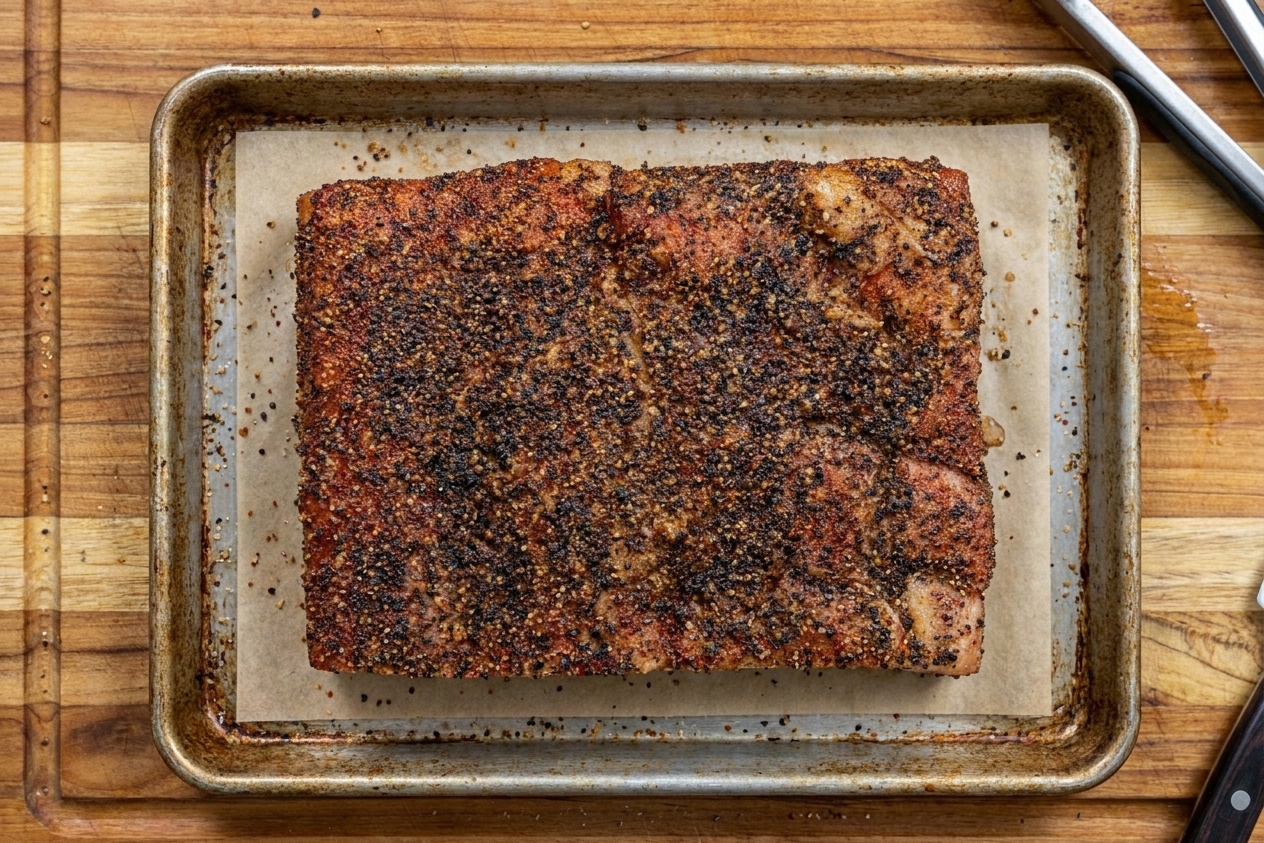 A pork belly slab fully coated in a dark spice rub resting on a rimmed baking sheet