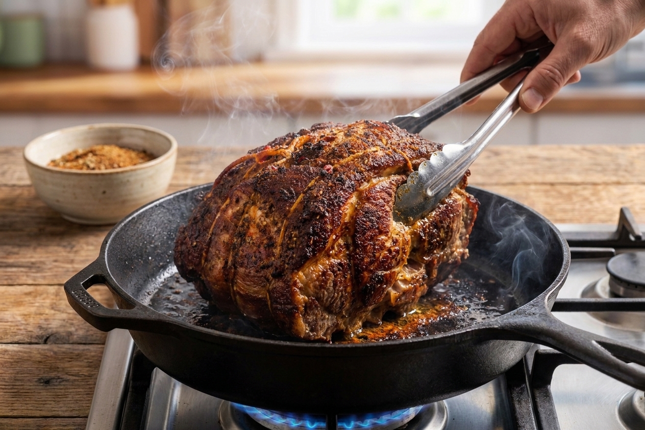 A pork butt roast being seared in a hot skillet with browned edges forming while held with tongs