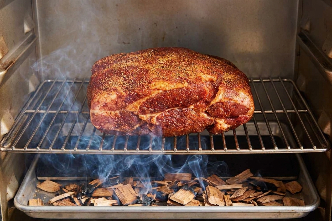 A pork butt sitting on smoker grates with visible spice rub as light smoke rises during cooking
