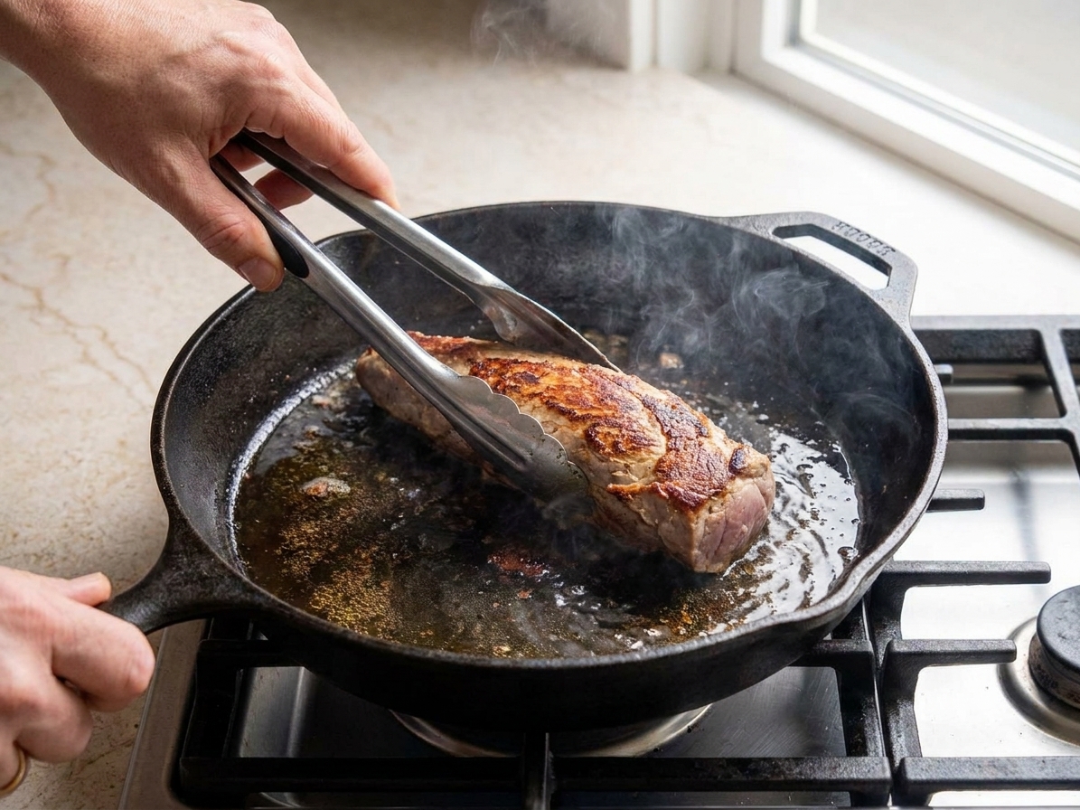 A pork fillet browning in a hot skillet with oil, held with tongs over a home stove