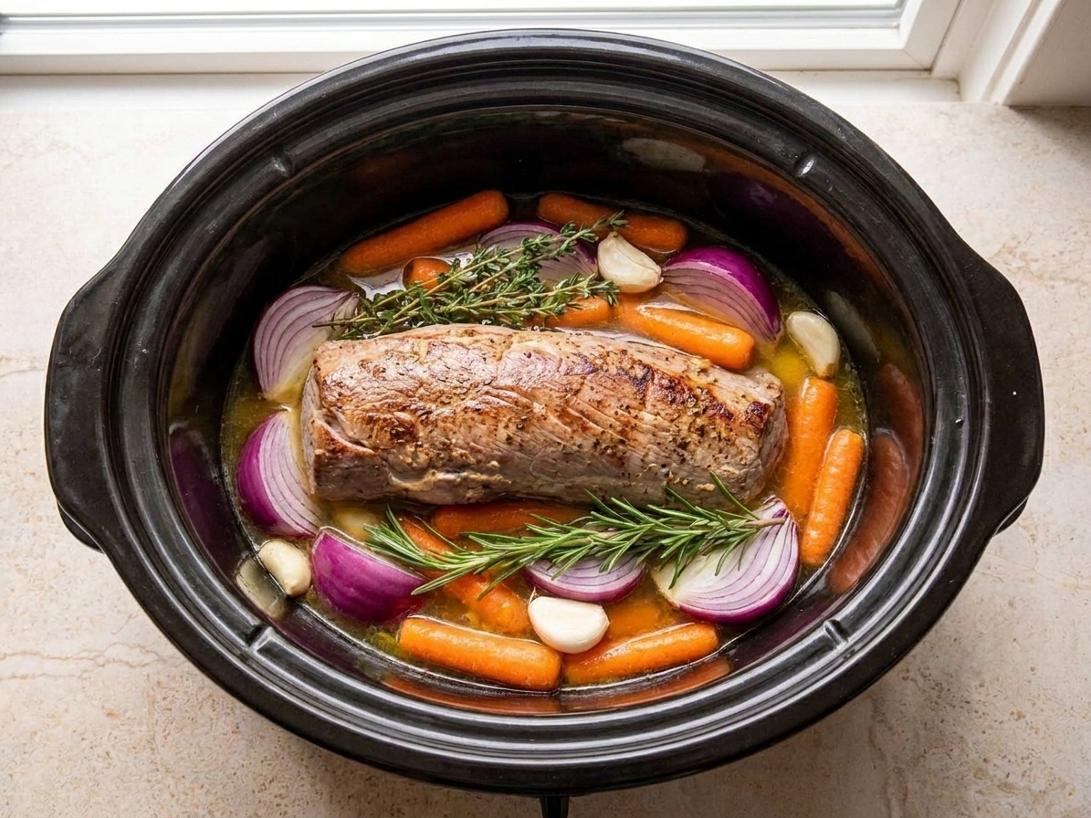 A pork fillet resting on onions and carrots inside a slow cooker with herbs and broth